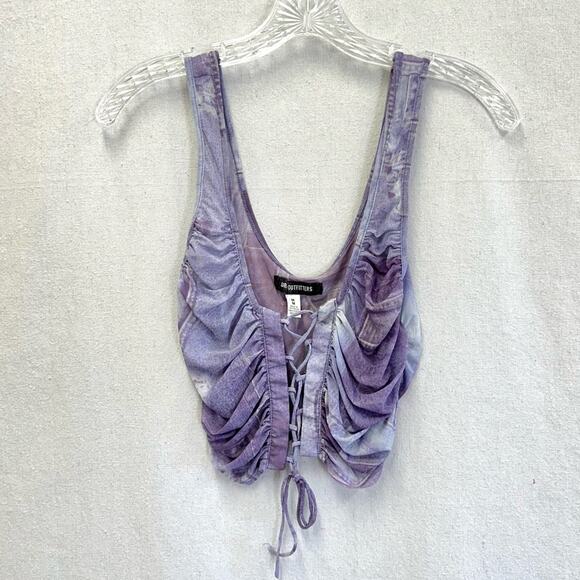 Urban Outfitters Ruched Lace-Up Mesh Tank Top Denim Jeans Print Size Medium - Picture 14 of 16